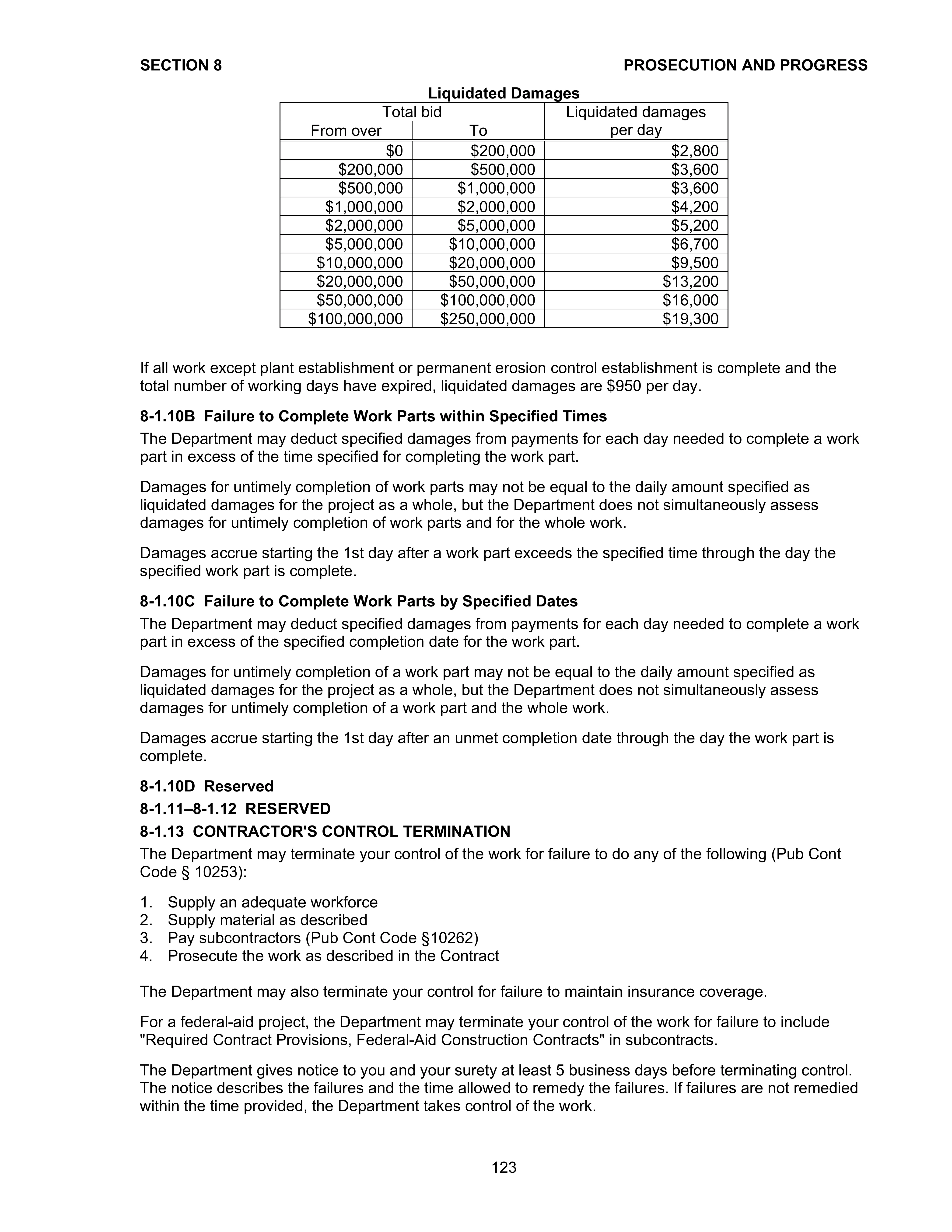 Standard Specifications page 123, the liquidated damages table in section 8-1.10A, with the row for total bids from $50,000,000 to $100,000,000, $16,000 per day, marked.